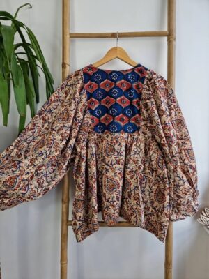 Pure Cotton Earthy Floral Bohemian Blouse In Indian Bagru Block - Image 4