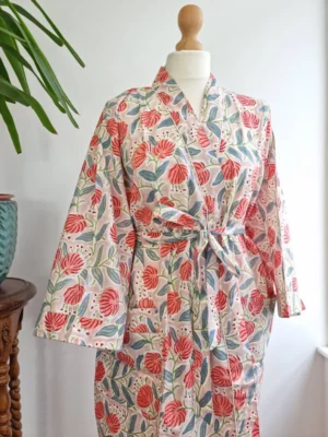 Pure Cotton Handprinted Kimono In Beige Peach blend - Image 6