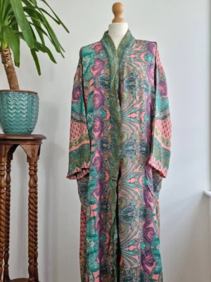 New Silk Boho Kimono/Gown In Ocean Aqua Green Bright Peach Print - Image 5