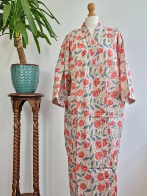Pure Cotton Handprinted Kimono In Beige Peach blend - Image 7