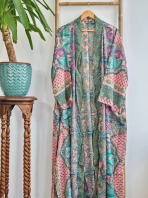 New Silk Boho Kimono/Gown In Ocean Aqua Green Bright Peach Print - Image 6