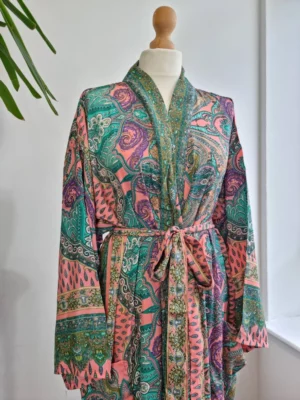 New Silk Boho Kimono/Gown In Ocean Aqua Green Bright Peach Print - Image 7