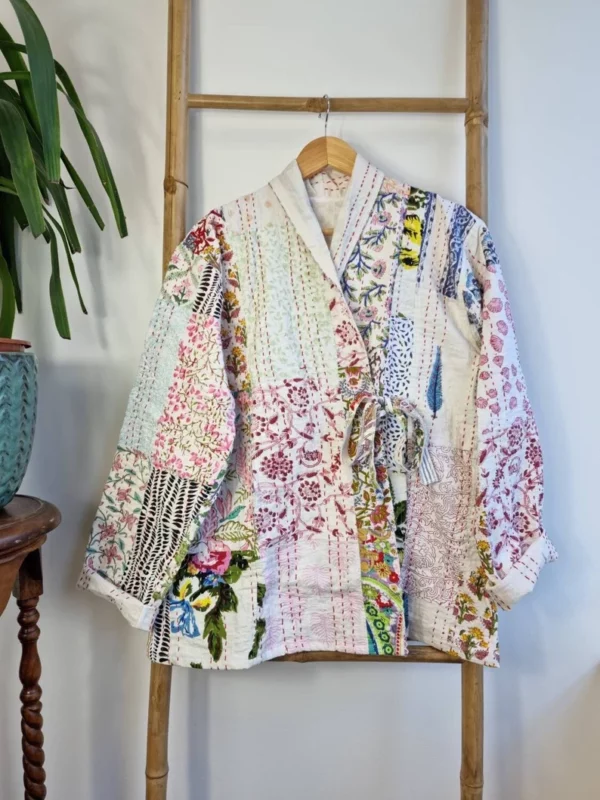 Kantha Reversible Front Tie Open Jacket In White Blue Pink Patchwork