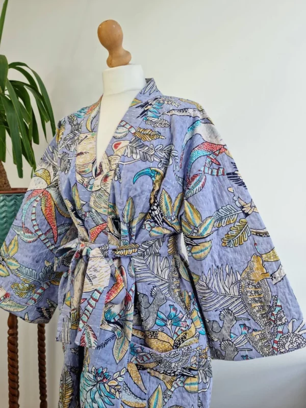 Kantha Cotton Reversible Kimono In Pastel Lavender with Tropical Print
