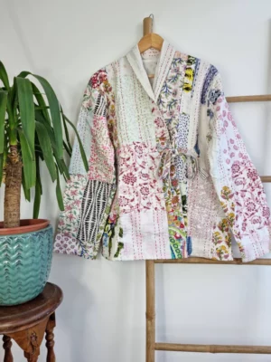 Kantha Reversible Front Tie Open Jacket In White Blue Pink Patchwork - Image 2