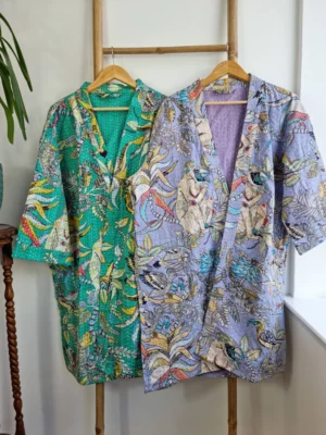 Kantha Cotton Reversible Kimono In Pastel Lavender with Tropical Print - Image 2