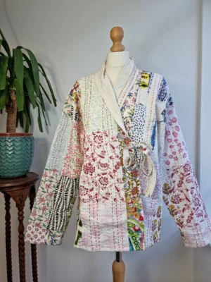 Kantha Reversible Front Tie Open Jacket In White Blue Pink Patchwork - Image 3