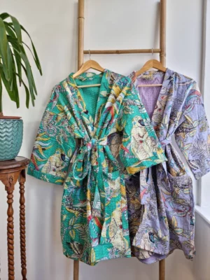 Kantha Cotton Reversible Kimono In Pastel Lavender with Tropical Print - Image 3