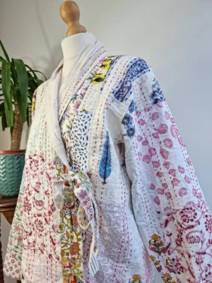 Kantha Reversible Front Tie Open Jacket In White Blue Pink Patchwork - Image 4