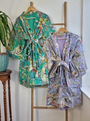 Kantha Cotton Reversible Kimono In Pastel Lavender with Tropical Print - Image 4