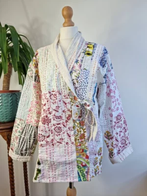 Kantha Reversible Front Tie Open Jacket In White Blue Pink Patchwork - Image 5