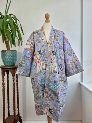 Kantha Cotton Reversible Kimono In Pastel Lavender with Tropical Print - Image 5