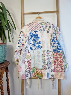 Kantha Reversible Front Tie Open Jacket In White Blue Pink Patchwork - Image 6