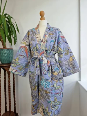 Kantha Cotton Reversible Kimono In Pastel Lavender with Tropical Print - Image 6