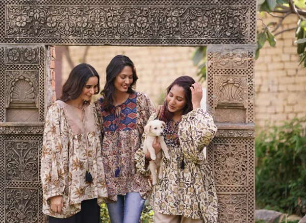 Pure Cotton Earthy Floral Bohemian Blouse In Indian Bagru Block