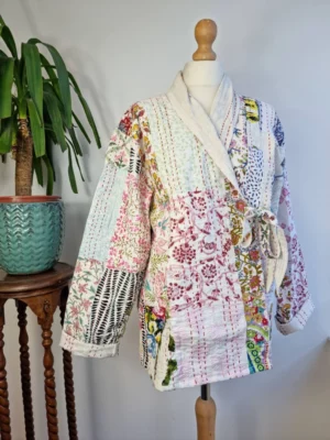 Kantha Reversible Front Tie Open Jacket In White Blue Pink Patchwork - Image 7