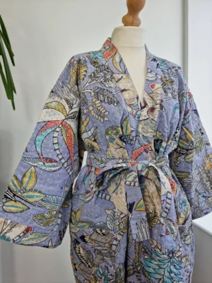 Kantha Cotton Reversible Kimono In Pastel Lavender with Tropical Print - Image 7