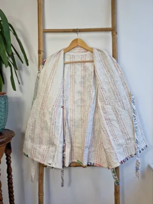 Kantha Reversible Front Tie Open Jacket In White Blue Pink Patchwork - Image 8