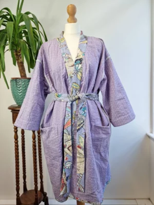 Kantha Cotton Reversible Kimono In Pastel Lavender with Tropical Print - Image 8