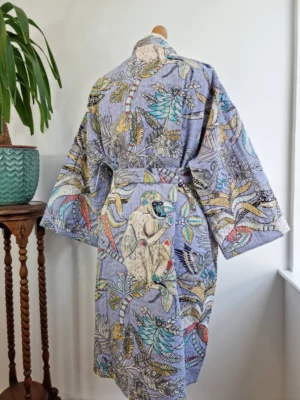 Kantha Cotton Reversible Kimono In Pastel Lavender with Tropical Print - Image 9