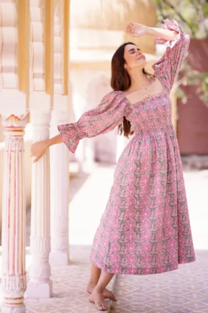 Beautiful Pure Cotton Lavender Green Floral Dress - Image 2