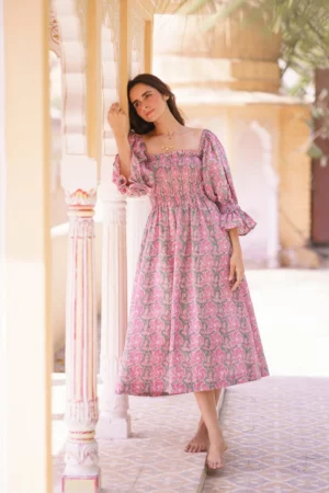 Beautiful Pure Cotton Lavender Green Floral Dress - Image 3