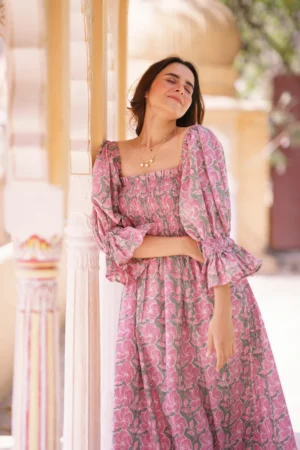 Beautiful Pure Cotton Lavender Green Floral Dress - Image 4