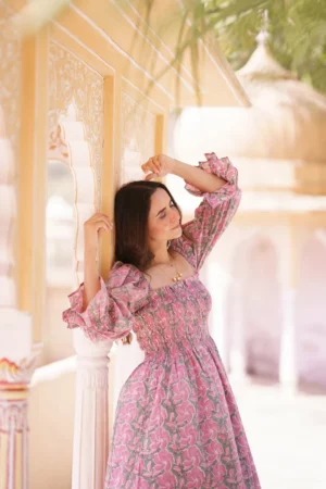 Beautiful Pure Cotton Lavender Green Floral Dress - Image 5