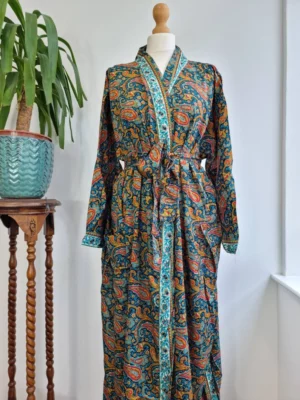 New Silk Boho Kimono In a mix Ocean Blue Green Teal Fire Orange Shade - Image 2