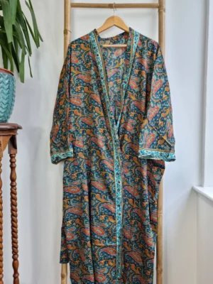 New Silk Boho Kimono In a mix Ocean Blue Green Teal Fire Orange Shade - Image 3