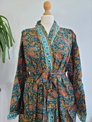 New Silk Boho Kimono In a mix Ocean Blue Green Teal Fire Orange Shade - Image 5
