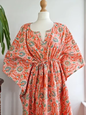 Cotton Kaftan Kimono Dress In Floral Beach vibes - Image 4