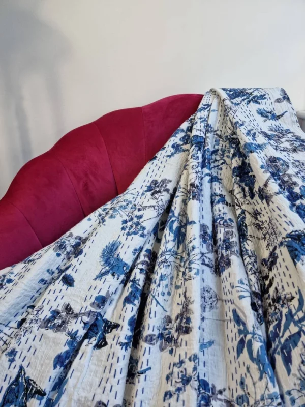 Kantha Stitch Pure Cotton Reversible Bed/Sofa Throw King Size In Cool Contrast
