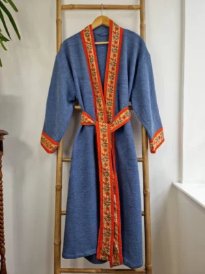 Waffle Cotton Unisex Kimono In Slated Blue with Quirky Orange Borders - Image 4