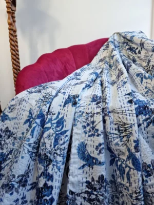 Kantha Stitch Pure Cotton Reversible Bed/Sofa Throw King Size In Cool Contrast - Image 5