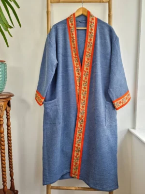 Waffle Cotton Unisex Kimono In Slated Blue with Quirky Orange Borders - Image 5
