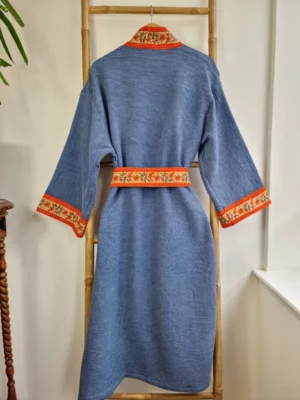 Waffle Cotton Unisex Kimono In Slated Blue with Quirky Orange Borders - Image 6