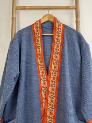 Waffle Cotton Unisex Kimono In Slated Blue with Quirky Orange Borders - Image 7