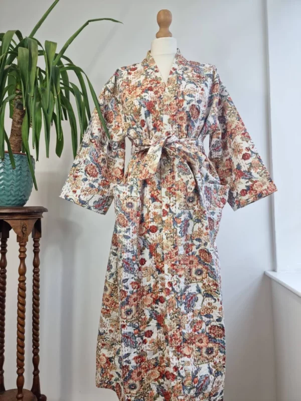 Kantha Cotton Long Reversible Kimono Jacket In Cream Shade