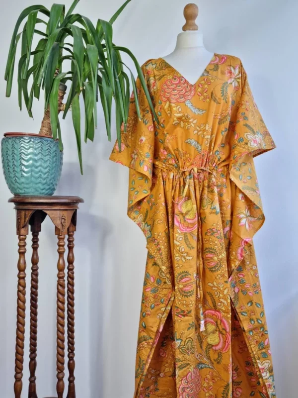 Cotton Kaftan Dress in Mustard Yellow