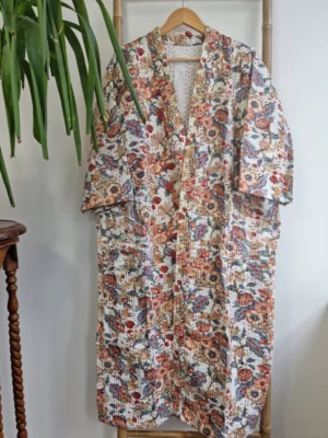 Kantha Cotton Long Reversible Kimono Jacket In Cream Shade - Image 2