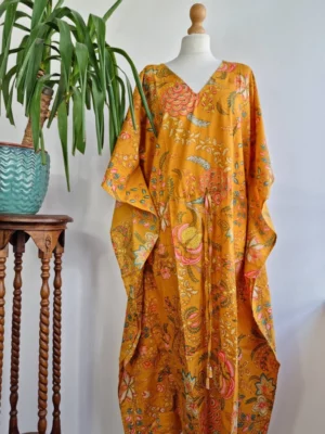 Cotton Kaftan Dress in Mustard Yellow - Image 3