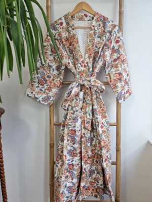 Kantha Cotton Long Reversible Kimono Jacket In Cream Shade - Image 4