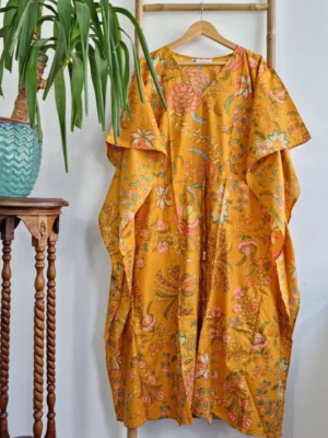 Cotton Kaftan Dress in Mustard Yellow - Image 5