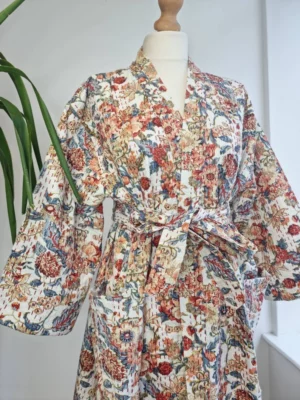 Kantha Cotton Long Reversible Kimono Jacket In Cream Shade - Image 6