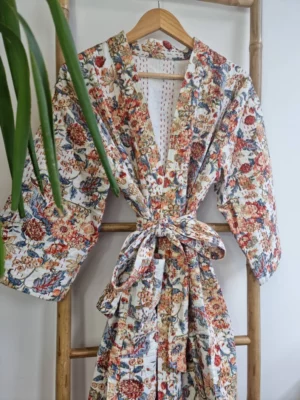 Kantha Cotton Long Reversible Kimono Jacket In Cream Shade - Image 7