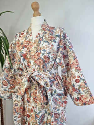 Kantha Cotton Long Reversible Kimono Jacket In Cream Shade - Image 8