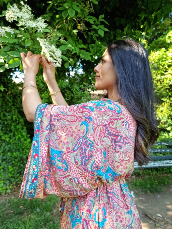 New Silk Boho Kimono In Aqua goddess floral print