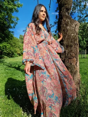 New Silk Boho Kimono In Aqua goddess floral print - Image 3