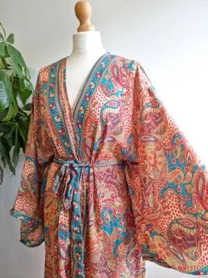 New Silk Boho Kimono In Aqua goddess floral print - Image 4